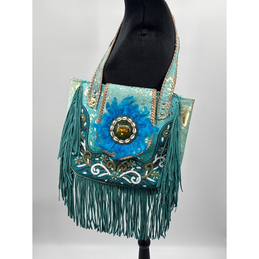 Karma Highway Teal Cowhide Fringe Shoulder Bag Gold Splatter Beaded Feather Bull